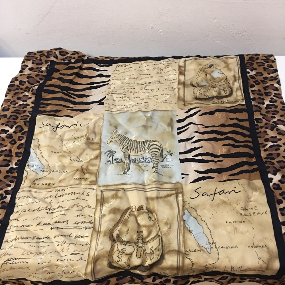 Nicole Miller vtg 90s silk scarf safari & leopard patchwork square
